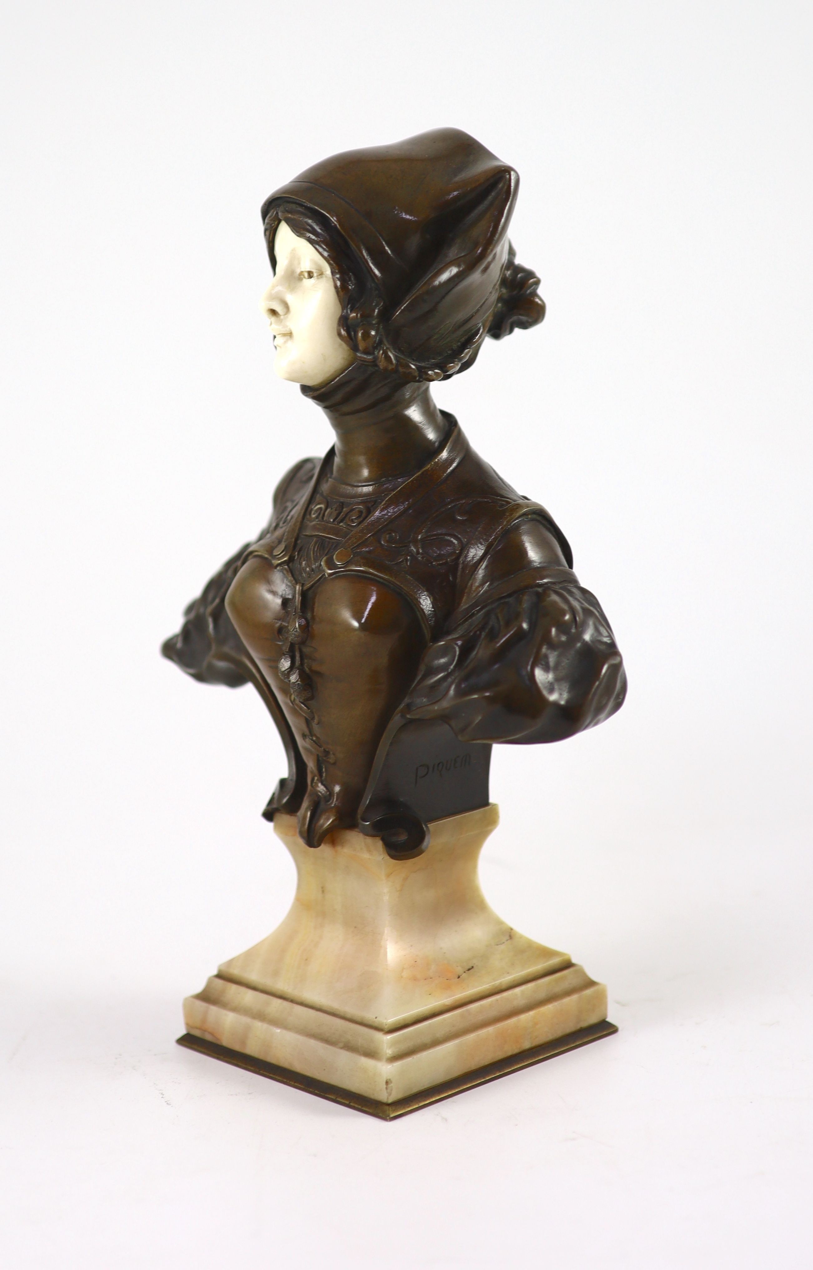 Francois Alphonse Piquemal (1869-1911) a French bronze and ivory bust of a medieval lady, c.1900, width 19cm height 28cm